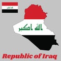 Map outline and flag of Iraq, a horizontal tricolor of red, white, and black, charged with the Ã¢â¬ÅGod is greatest`.